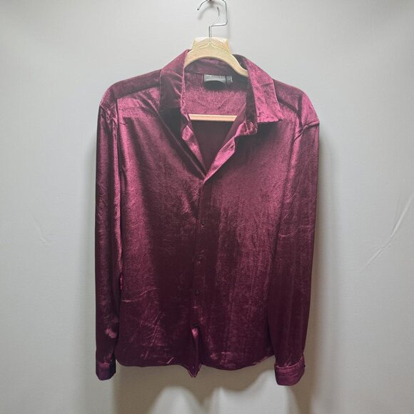 ASOS Design Men's Long Sleeve Burgundy Velour Long Sleeve Button Down Shirt - Picture 1 of 3
